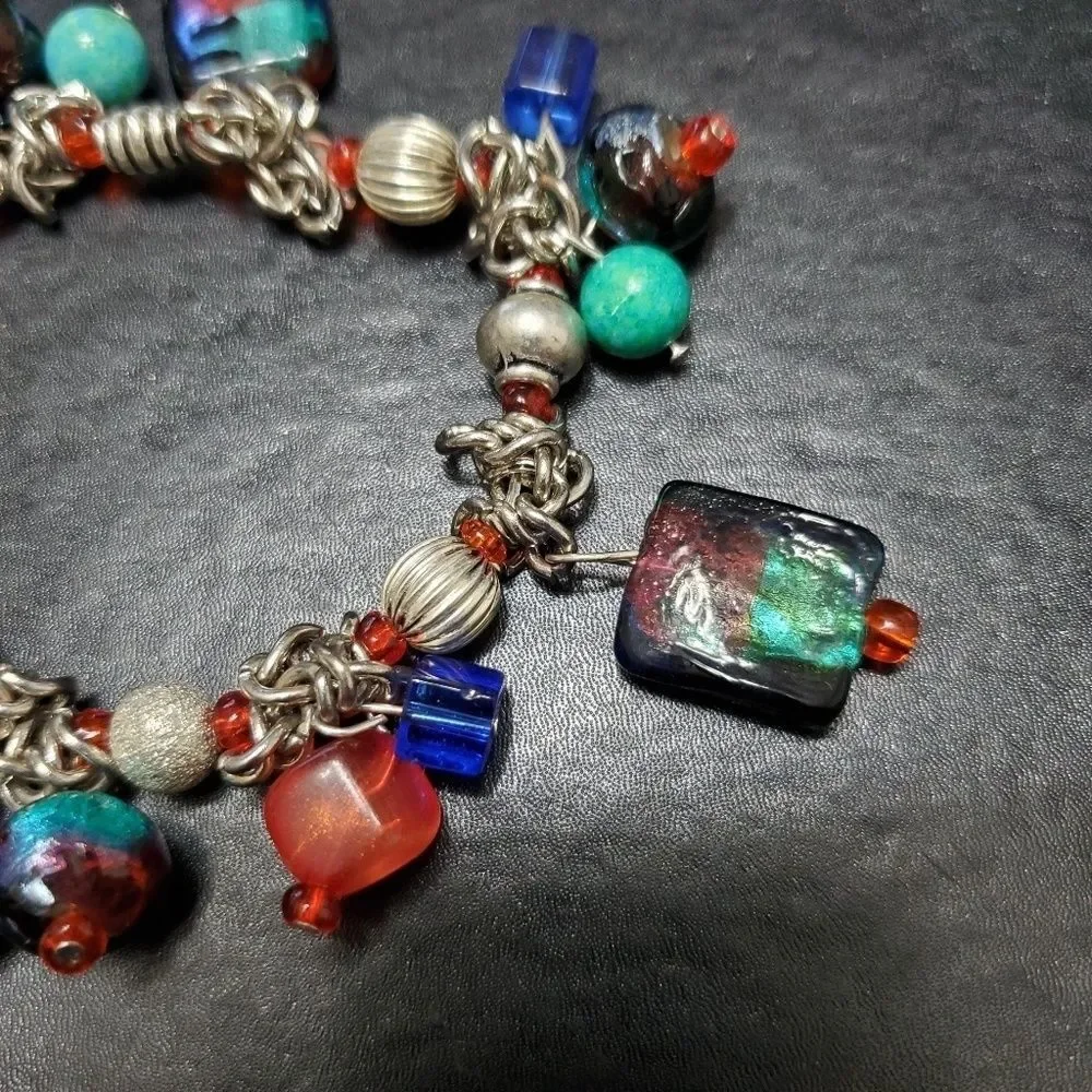 Silver tone beaded bracelet colorful 6.5